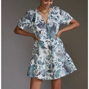 Anthropologie Blue and White Floral Mini Dress